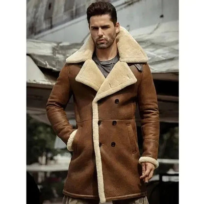 Slim Fit Men's Sheepskin Shearling Aviator Trench Coat