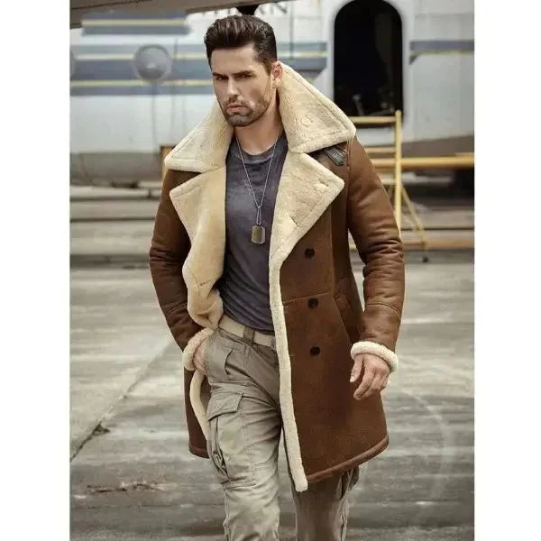 Slim Fit Men's Sheepskin Shearling Aviator Trench Coat