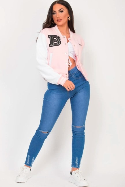 Women's Varsity Bomber Leather Jacket in Pink