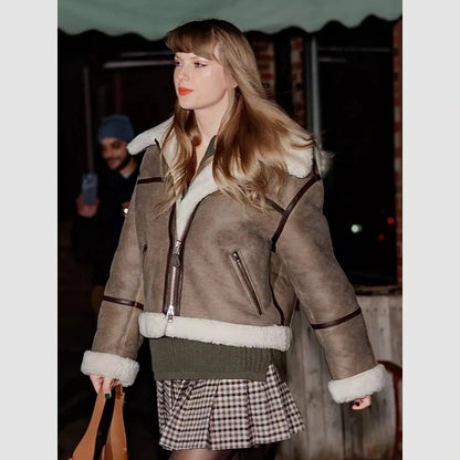 Taylor Swift Inspired Brown Shearling Jacket – Cozy Celebrity Style