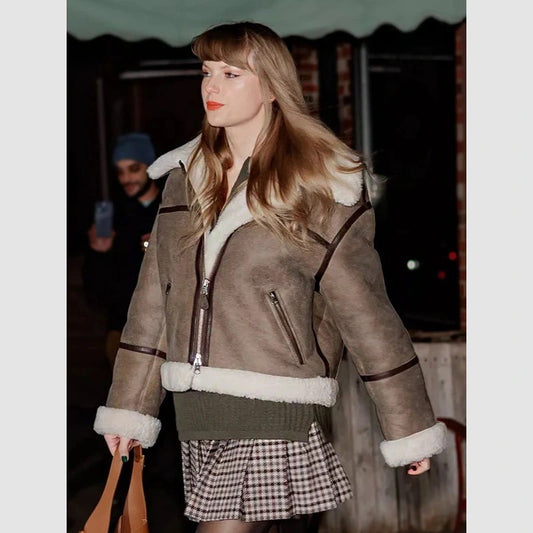 Taylor Swift Inspired Brown Shearling Jacket – Cozy Celebrity Style