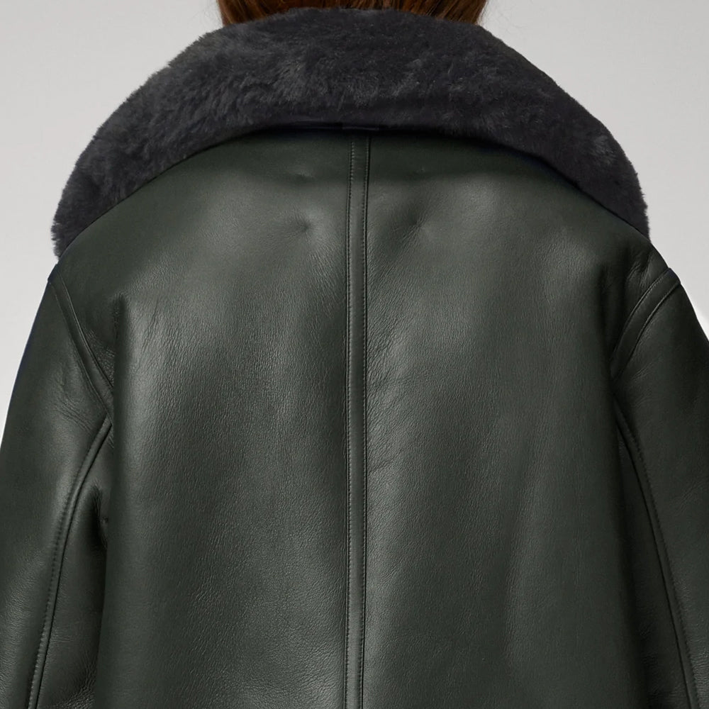  Women's Green RAF Aviator Styled Lambskin Black Shearling Leather Jacket