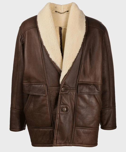 Classic Vintage Brown Leather Shearling Jacket with Distressed Finish