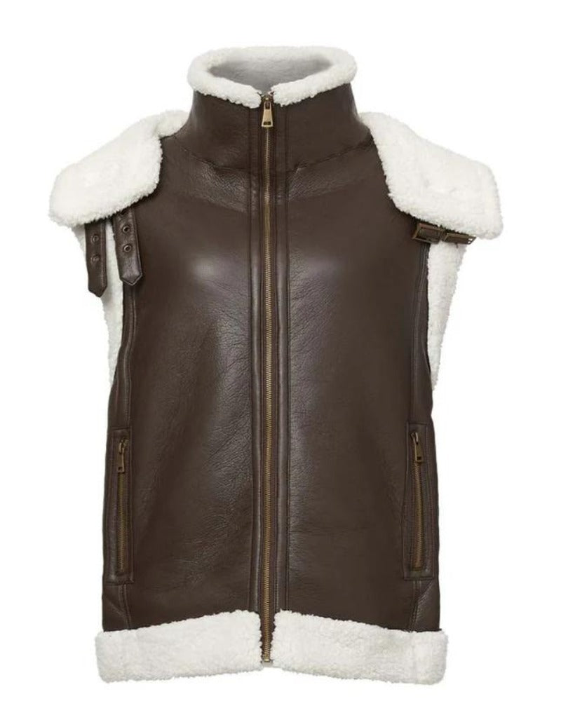 Women’s Brown Shearling Leather Vest with White Fur