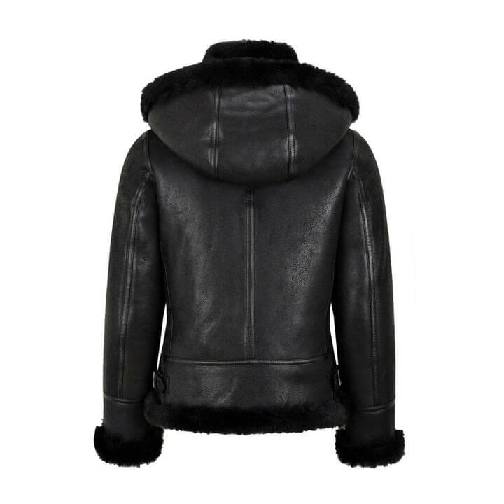 WOMENS B3 BOMBER HOODED CLASSIC BLACK SHEARLING JACKET