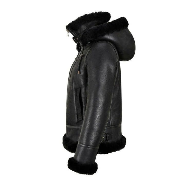 WOMENS B3 BOMBER HOODED CLASSIC BLACK SHEARLING JACKET