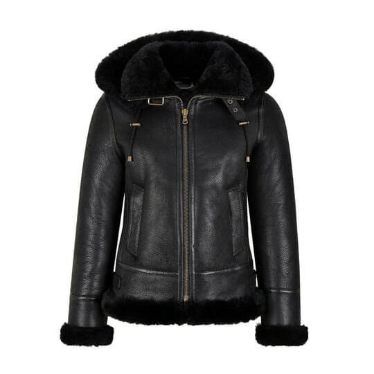 WOMENS B3 BOMBER HOODED CLASSIC BLACK SHEARLING JACKET