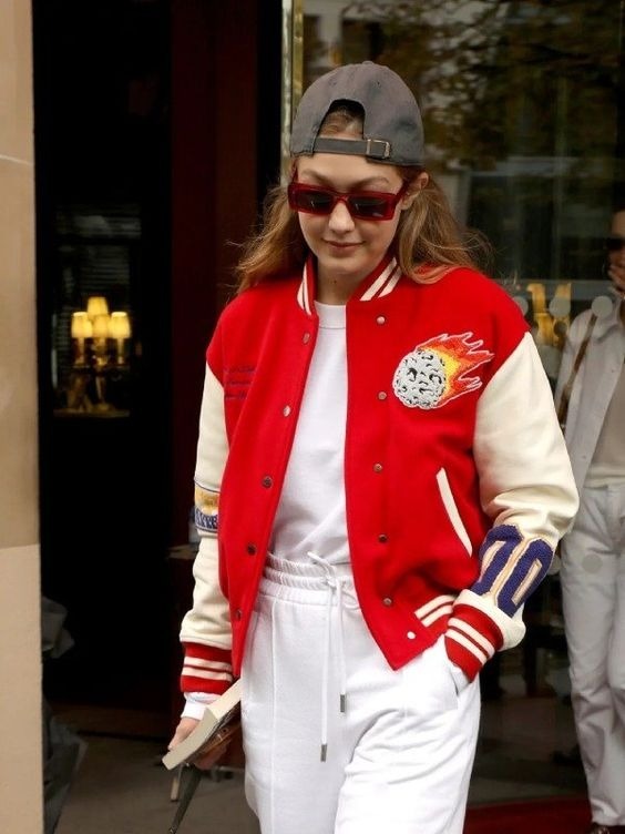 Gigi Hadid Inspired Red and White Meteor Shower Varsity Jacket