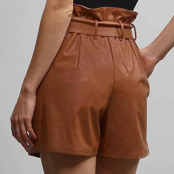 Women High Waist Brown Leather Shorts with Removable Tie Belt