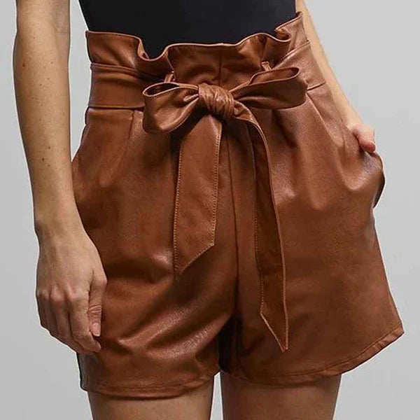 Women High Waist Brown Leather Shorts with Removable Tie Belt