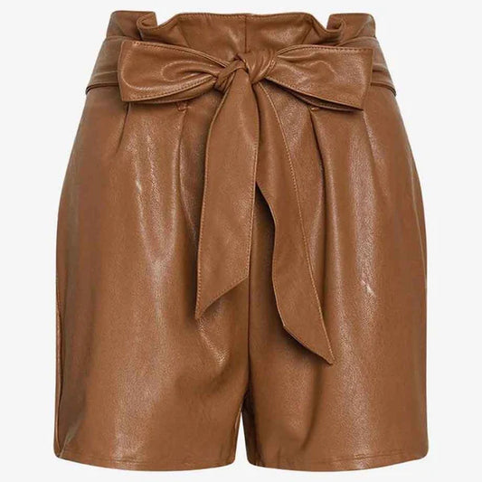 Women High Waist Brown Leather Shorts with Removable Tie Belt