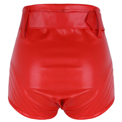 Women’s High Waist Red Leather Shorts with Belt