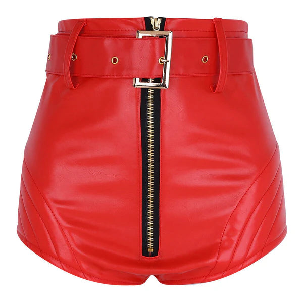 Women’s High Waist Red Leather Shorts with Belt