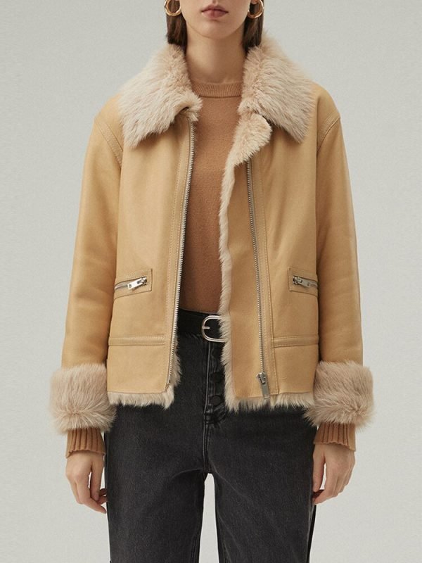 Women's Shearling Leather Jacket In Tan Brown