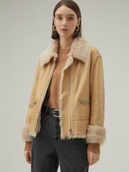 Women's Shearling Leather Jacket In Tan Brown