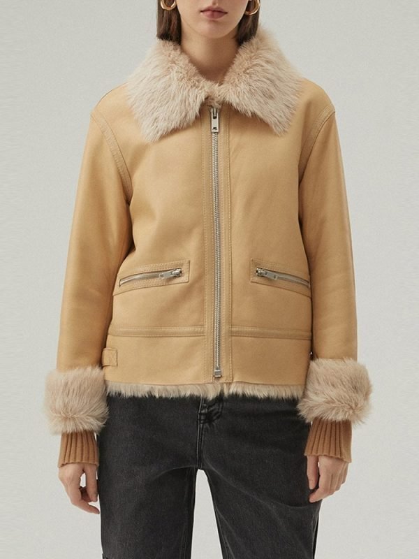 Women's Shearling Leather Jacket In Tan Brown