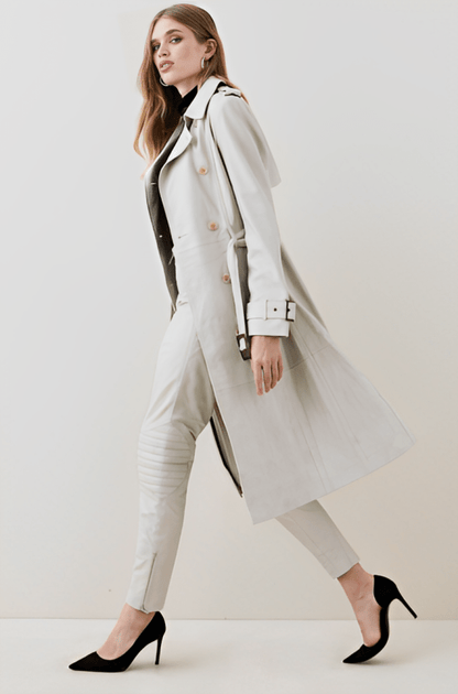 Elegant Women's Leather Trench Coat - Off White