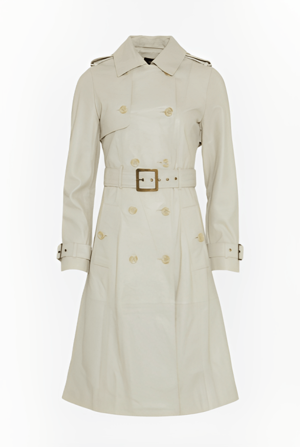 Elegant Women's Leather Trench Coat - Off White