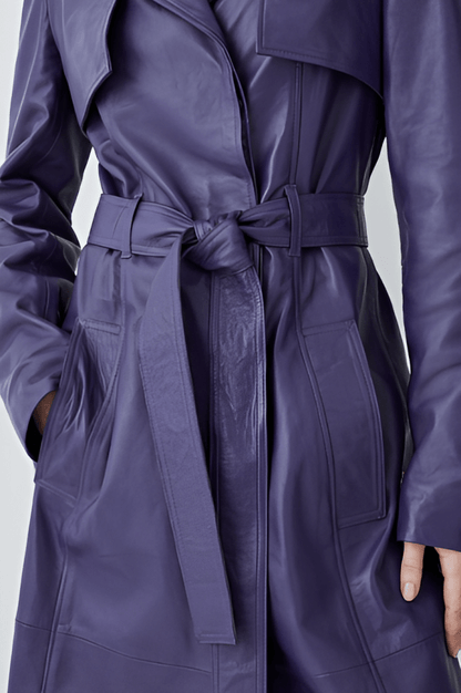 Stylish Women's Leather Trench Coat - Purple