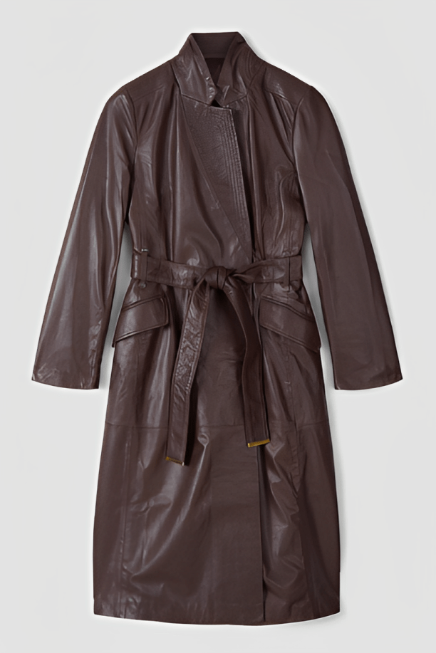 Classic Women's Leather Trench Coat - Dark Brown