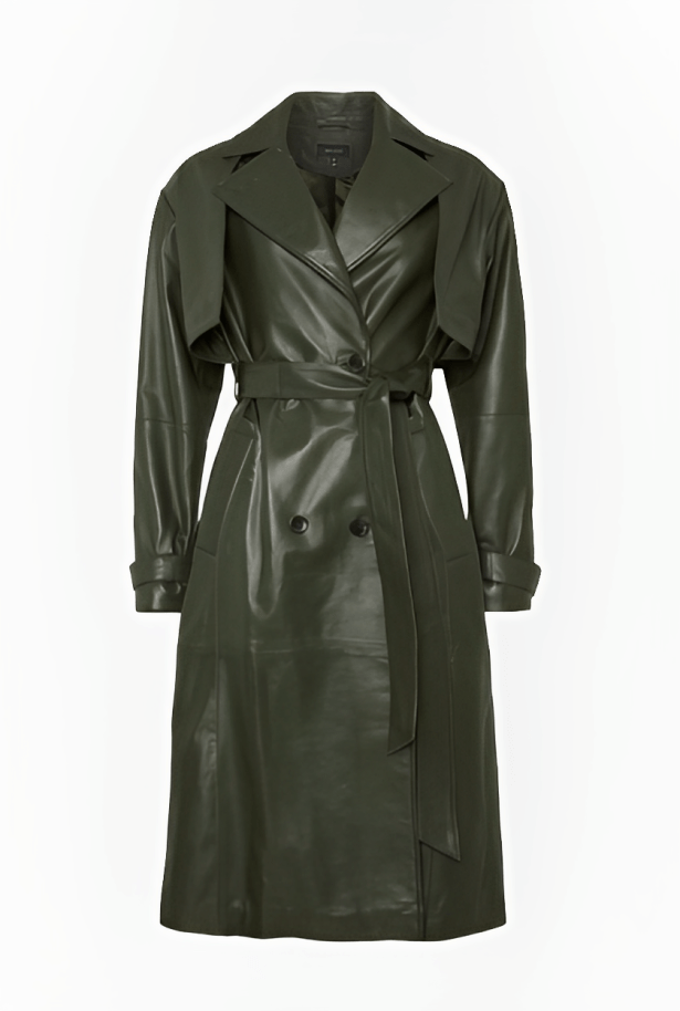 Stylish Women's Leather Trench Coat - Olive