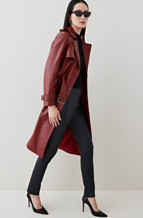 Women's Elegant Leather Trench Coat in Ox Blood Red