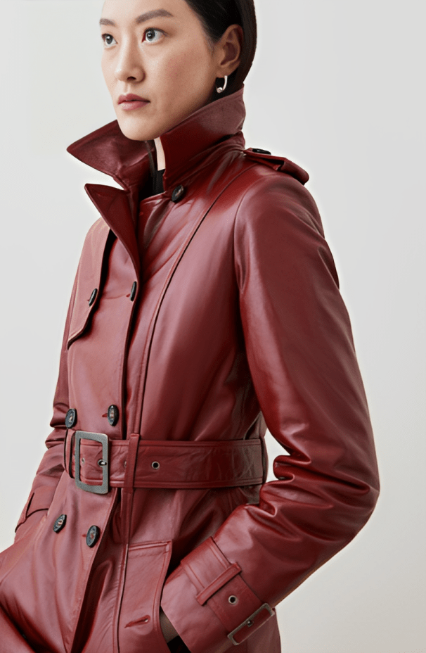 Women's Elegant Leather Trench Coat in Ox Blood Red