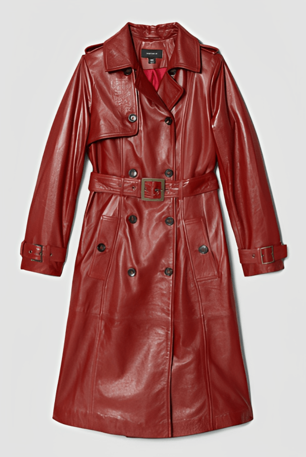 Women's Elegant Leather Trench Coat in Ox Blood Red