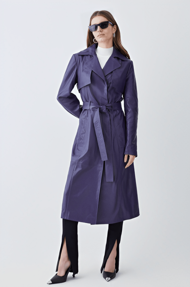 Stylish Women's Leather Trench Coat - Purple