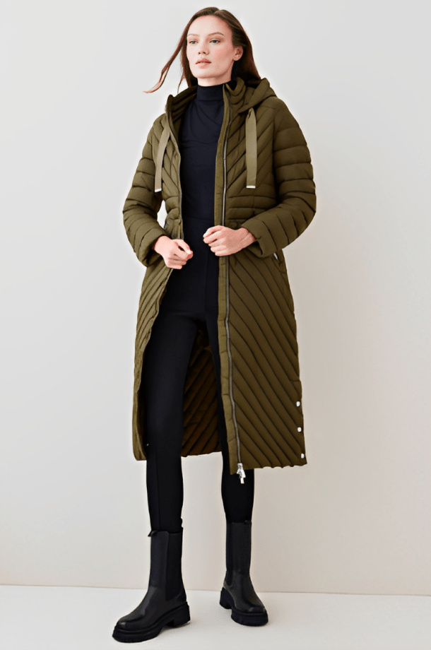 Women's Chic Puffer Trench Coat in Khaki