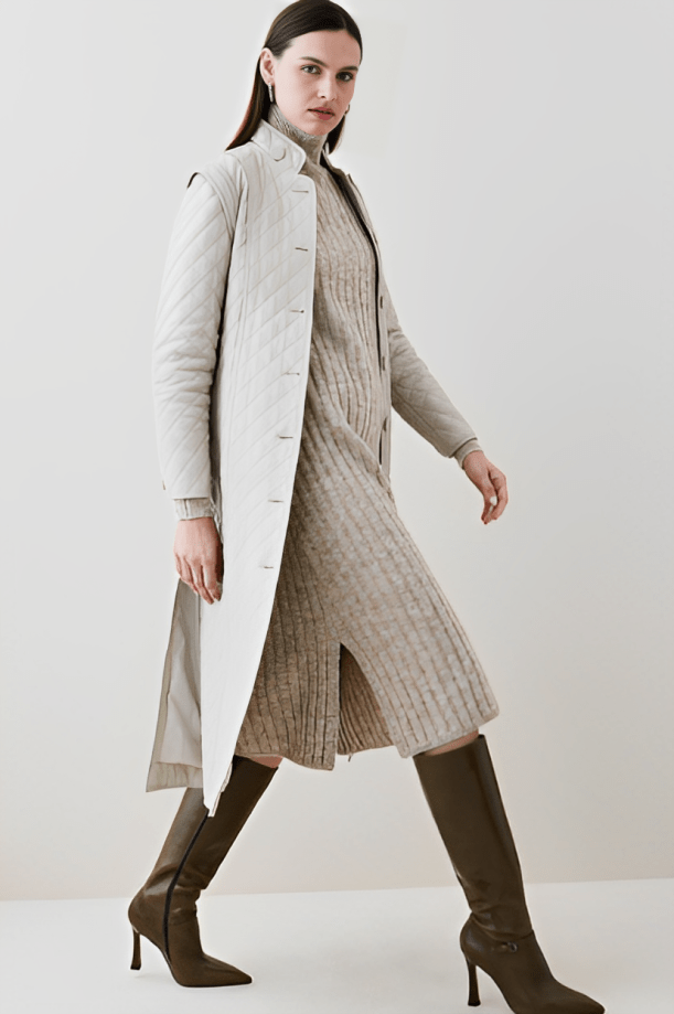 Elegant Women's Quilted Leather Trench Coat - Off-White