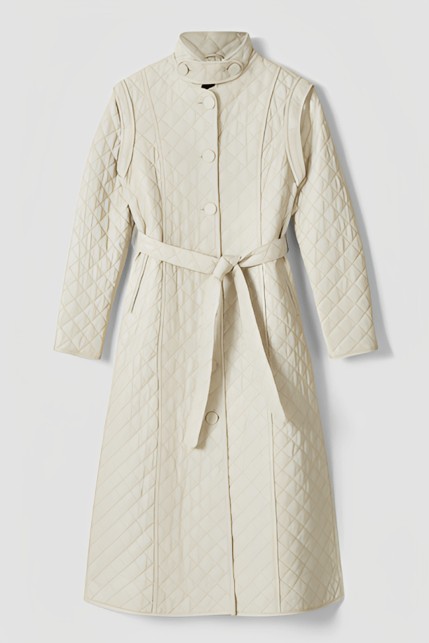 Elegant Women's Quilted Leather Trench Coat - Off-White