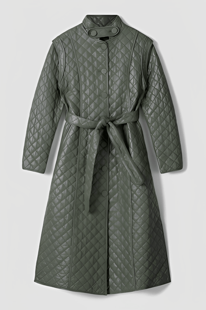 Elegant Women's Quilted Leather Trench Coat - Olive