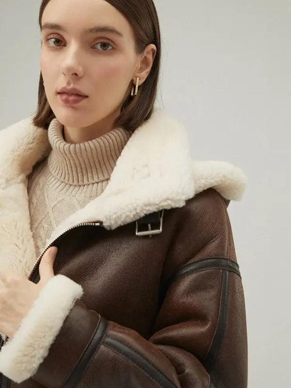 Women's Dark Brown Shearling Leather Jacket with Removable Hood