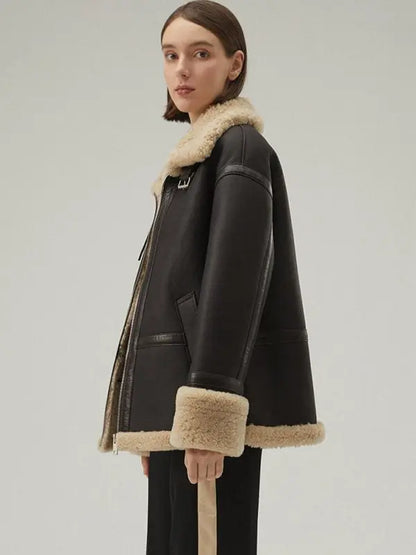 Women's Brown Shearling Leather Jacket In Matte Black