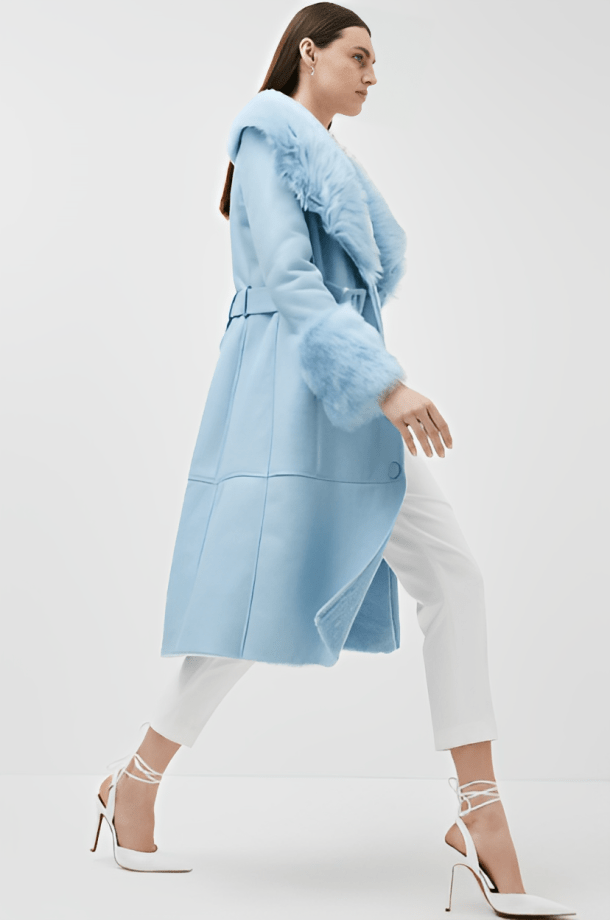 Women's Sky Blue Shearling Leather Trench Coat