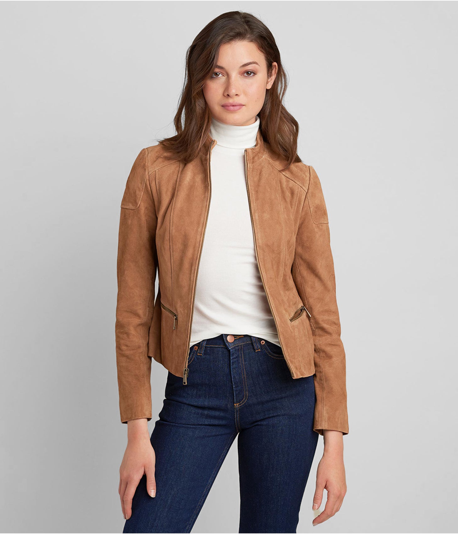 TOPGURUJACKETS Women's Suede Leather Biker Jacket in Tan Brown