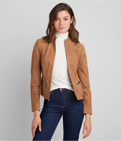 TOPGURUJACKETS Women's Suede Leather Biker Jacket in Tan Brown