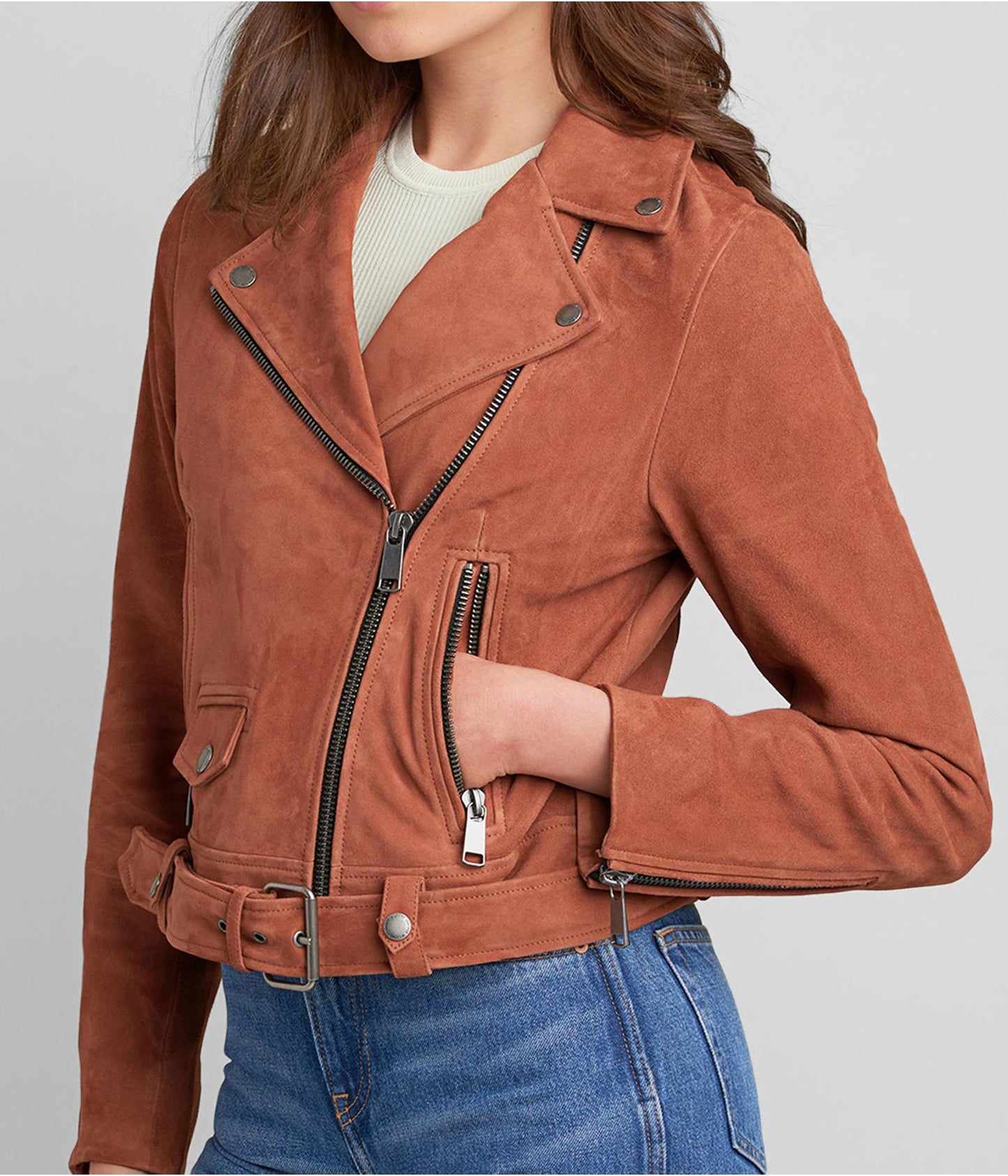 TOPGURUJACKETS Women's Tan Brown Suede Leather Biker Jacket