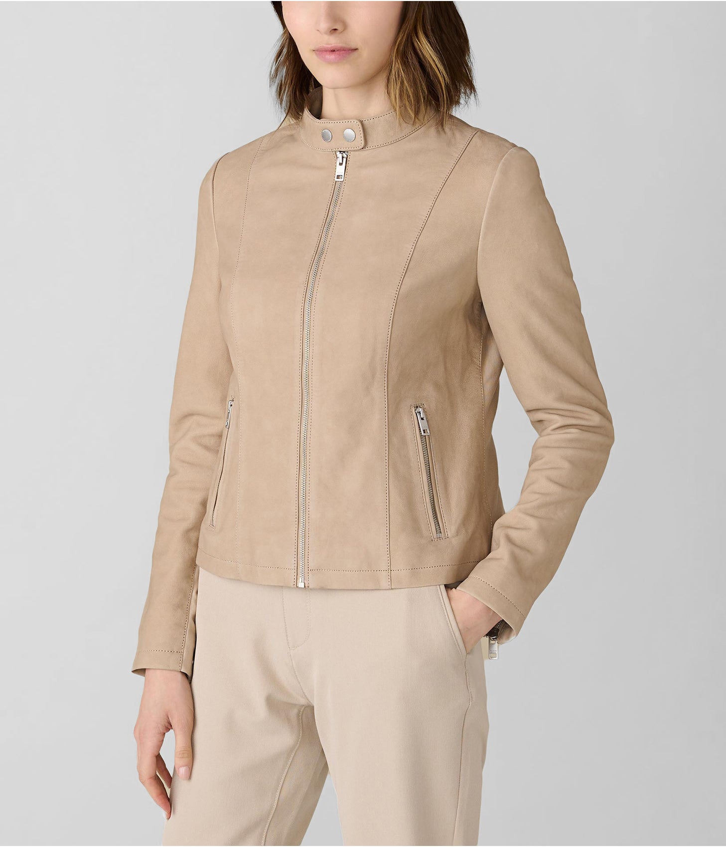 Women's Leather Moto Jacket in Beige - Classic & Versatile