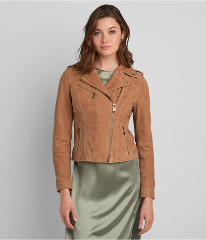 Women's Suede Leather Moto Jacket Tan Brown