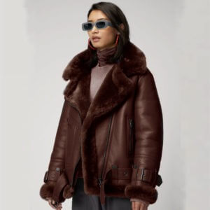 Women's Brown Aviator Sheepskin Shearling Leather Jacket