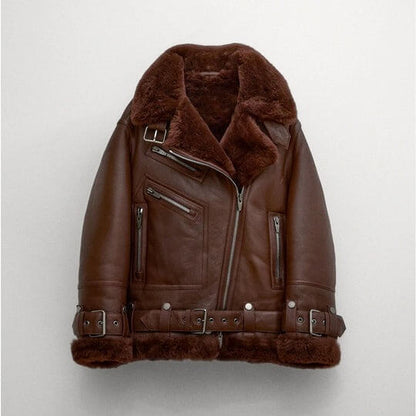 Women's Brown Aviator Sheepskin Shearling Leather Jacket