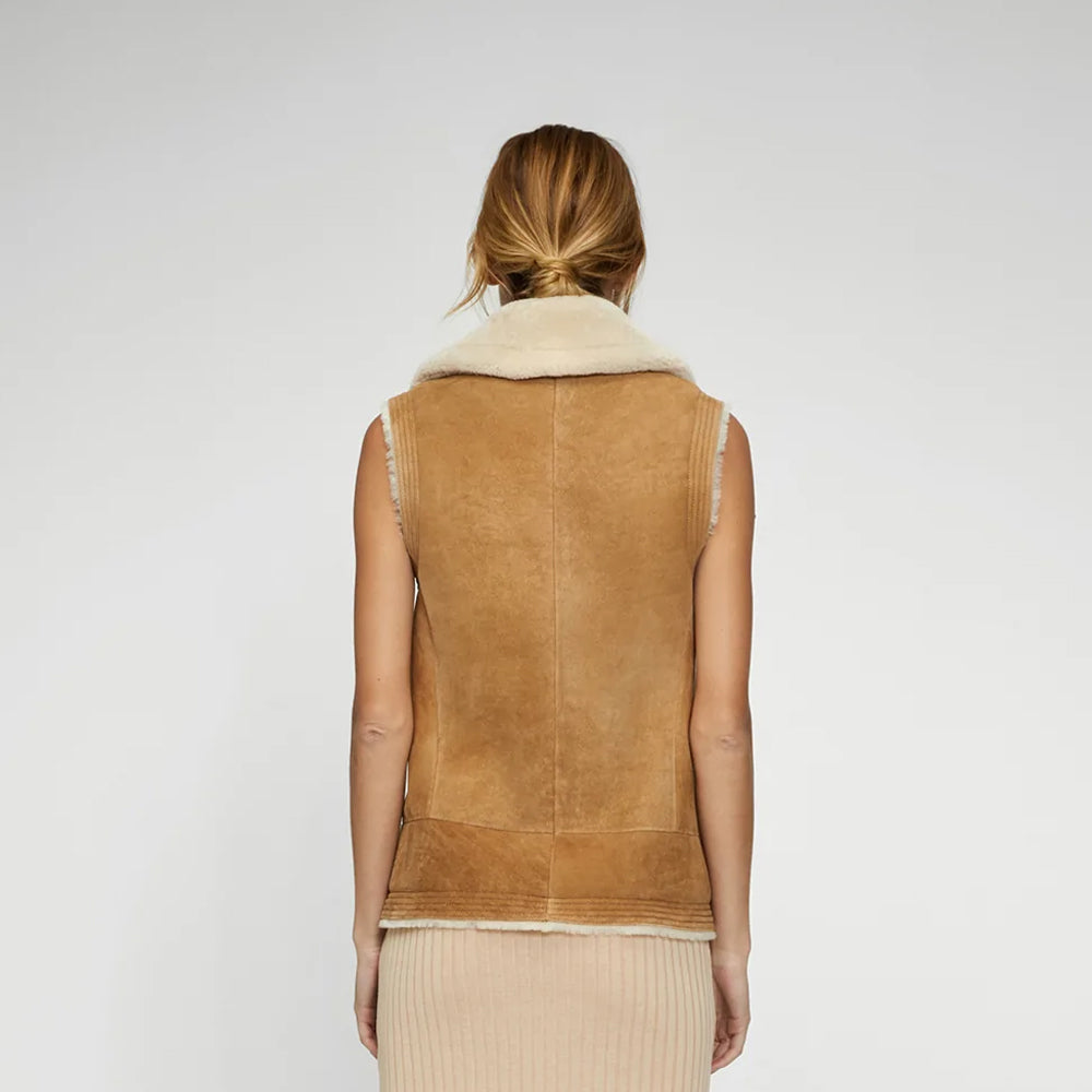 Women's Brown Sheepskin Shearling Leather Vest - TopGuruJackets