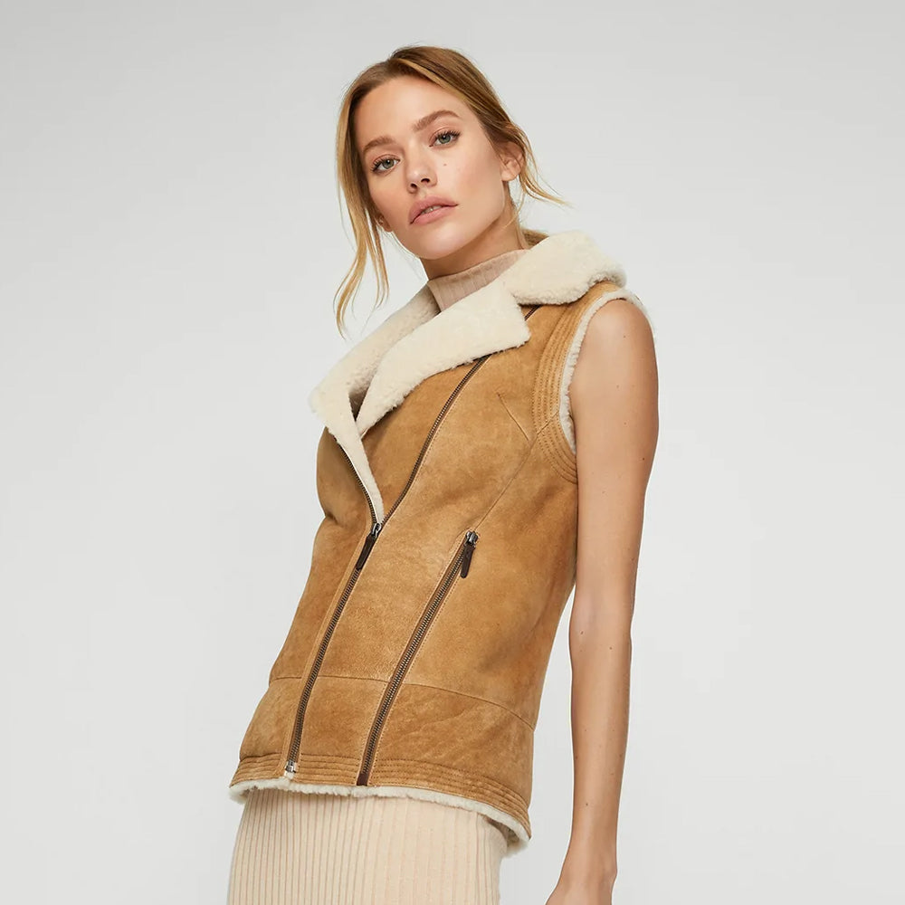 Women's Brown Sheepskin Shearling Leather Vest - TopGuruJackets