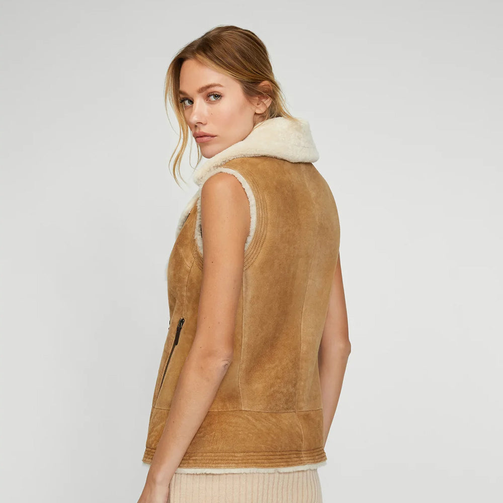 Women's Brown Sheepskin Shearling Leather Vest - TopGuruJackets