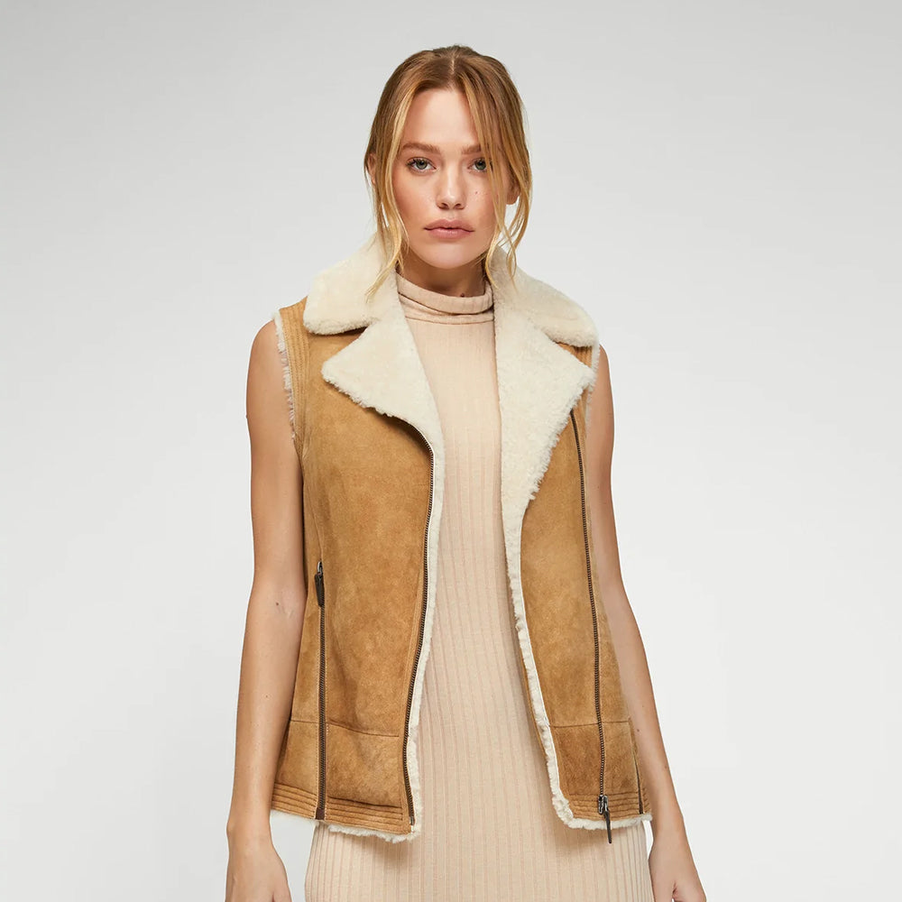 Women's Brown Sheepskin Shearling Leather Vest - TopGuruJackets