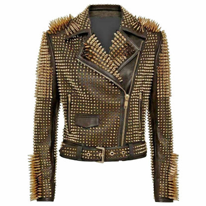 Golden Studded Spiked Leather Jacket