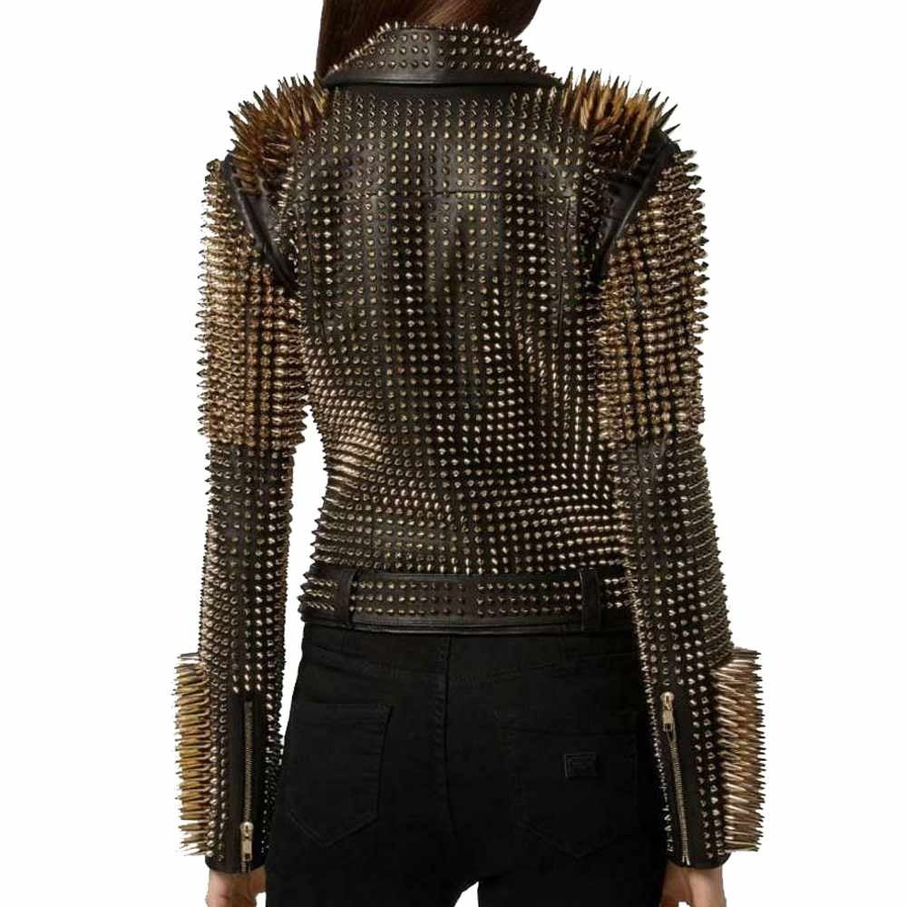 Golden Studded Spiked Leather Jacket