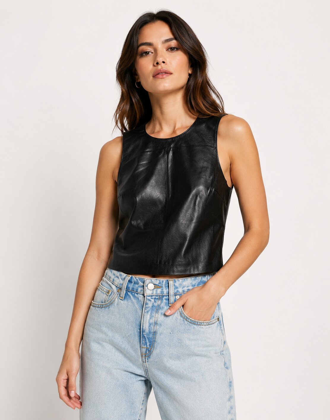 Women Black Cropped Leather Sleeveless Shirt